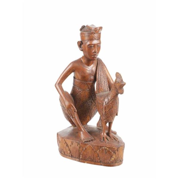 Javanese Hand Carved Sculpture: Man and Chicken