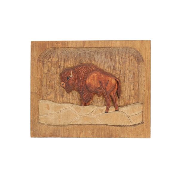 Western Folk Art Hand Carved Wood Bison Relief