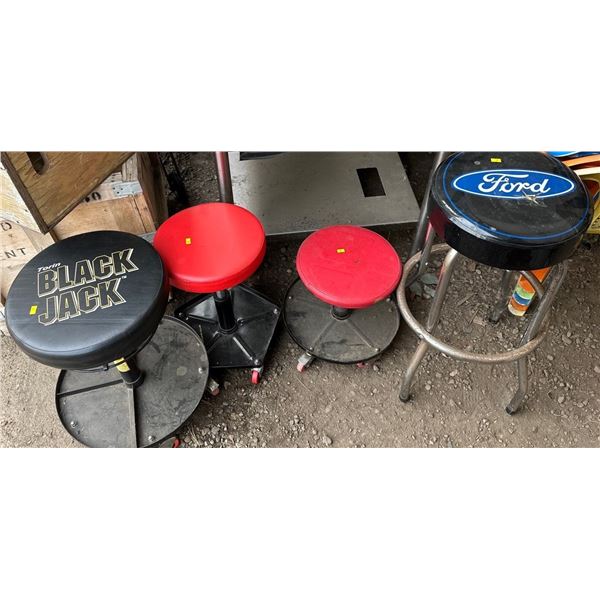 Set of Stools - 2 Red Stools, Ford Stool, Black Jack