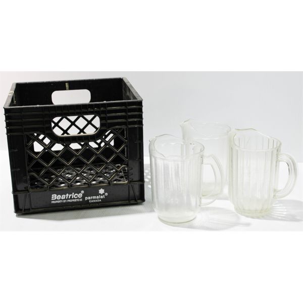 3 PLASTIC PITCHERS & MILK CRATE