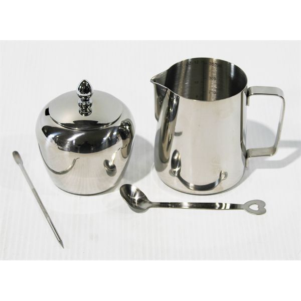 STAINLESS STEEL CREAM & SUGAR BOWL W/ ACCESSORIES