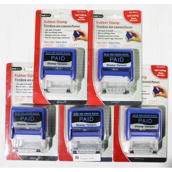 5 "PAID" BLUE INK RUBBER STAMPS