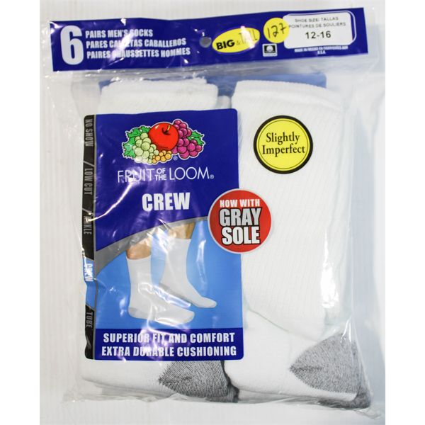 FRUIT OF THE LOOM MEN'S BIG & TALL WHT/GRY CREW SOCKS