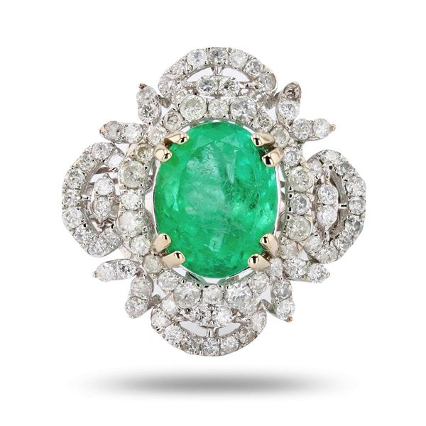 3.19 ctw Emerald and 0.99 ctw Diamond 14K White Gold Ring