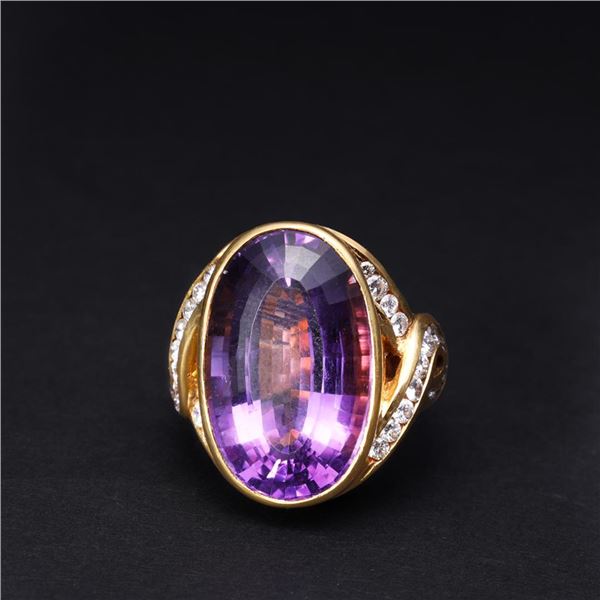 Large and Elaborate 18K Yellow Gold Amethyst & Diamond Cocktail Ring