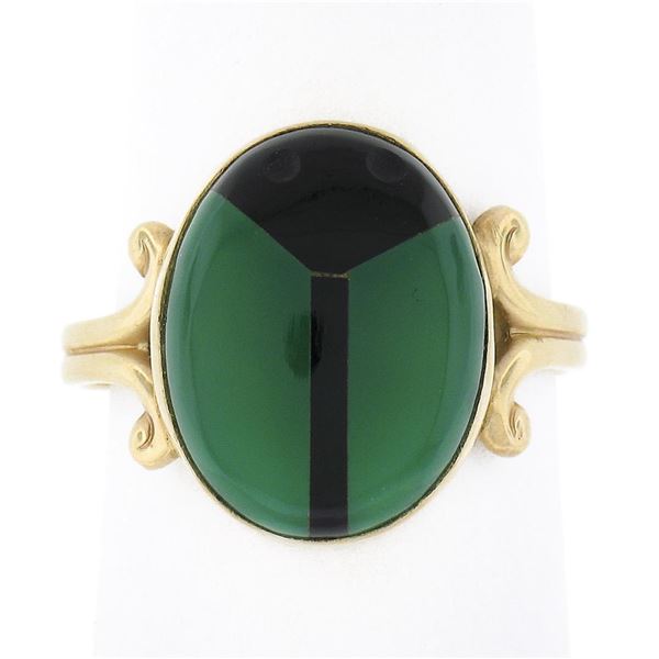 Vintage 14K Gold Oval Bezel Inlaid Chrysoprase & Black Onyx Scarab Beetle Ring