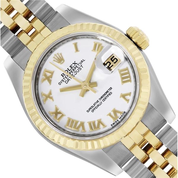 Rolex Ladies 18K Gold And Steel White Roman Hidden Clasp Datejust 26MM