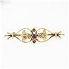 Image 1 : Vintage 14K Yellow Gold Round Blood Red Ruby Foliage Hand Etched Bar Pin Brooch