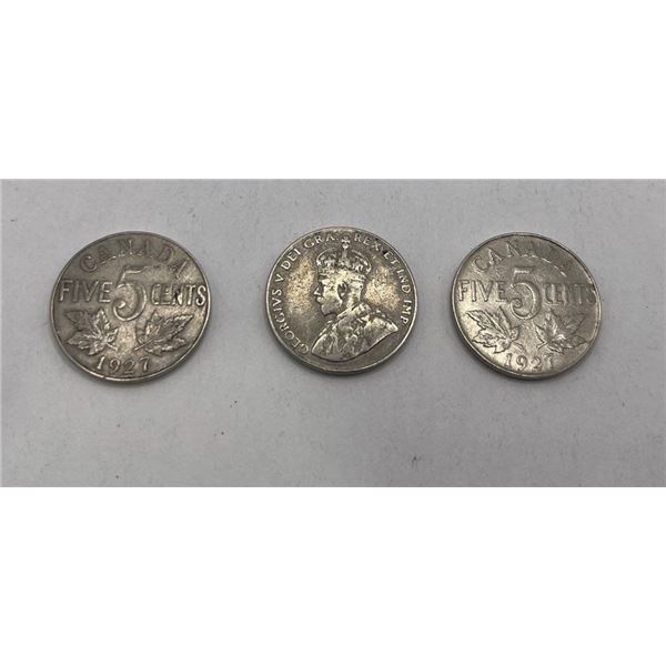 3x 1927 Canadian Nickles