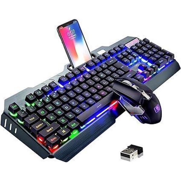 Wireless Gaming Keyboard and Mouse, Rechargeable, Rainbow Backlit with 3800mAh Battery Metal Panel,M