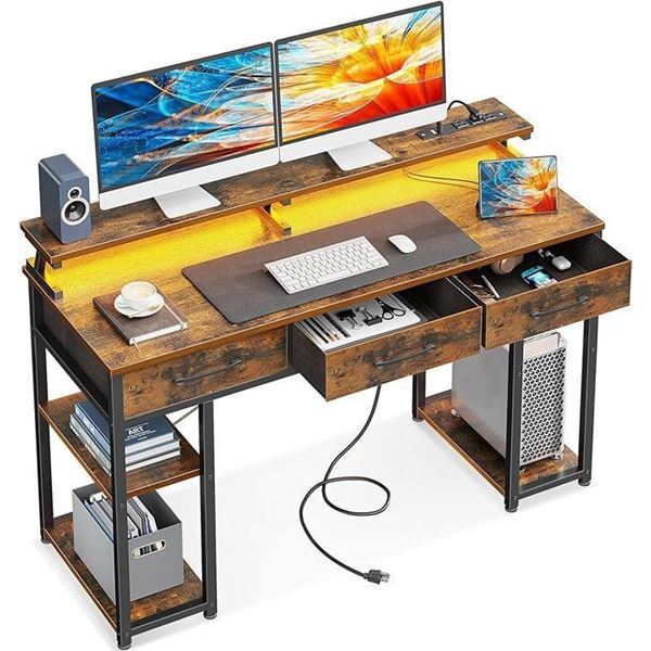 ODK Computer Desk with Fabric Drawers and Power Outlet, 48 Inch Home Office Desk with Storage Shelve