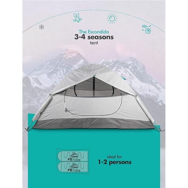 FE Active 2 Person Camping Tent - Four Season 1 to 2 Man Tent 210T Rip-Stop, 3000mm PU Waterproof Co