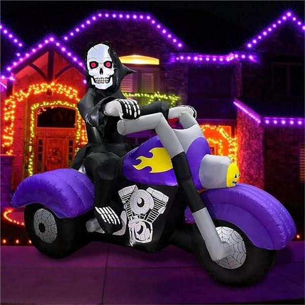 BLOWOUT FUN 8ft Long Halloween Inflatable Decoration Skeleton Riding a Motorcycle LED Blow Up Lighte