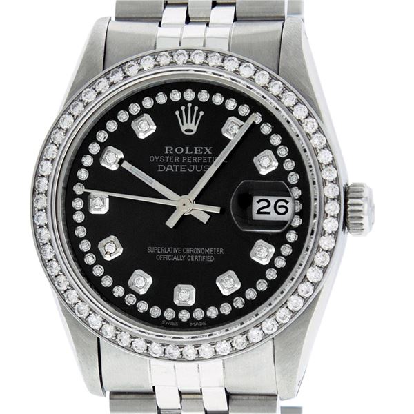 Rolex Mens 36 Stainless Steel Black String Diamond 36MM Datejust Wristwatch