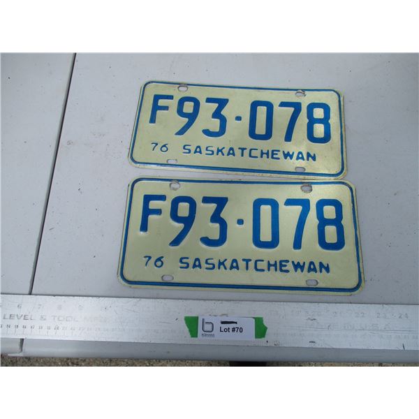 Pair of Saskatchewan Licence Plates - 1976
