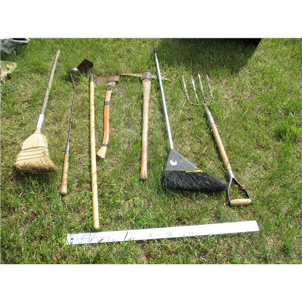 (7) Garden Tools - (2) Brooms, Pick Axe, Potato Fork, Magnet, Hoe, and Axe