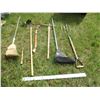 Image 1 : (7) Garden Tools - (2) Brooms, Pick Axe, Potato Fork, Magnet, Hoe, and Axe