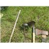 Image 4 : (7) Garden Tools - (2) Brooms, Pick Axe, Potato Fork, Magnet, Hoe, and Axe