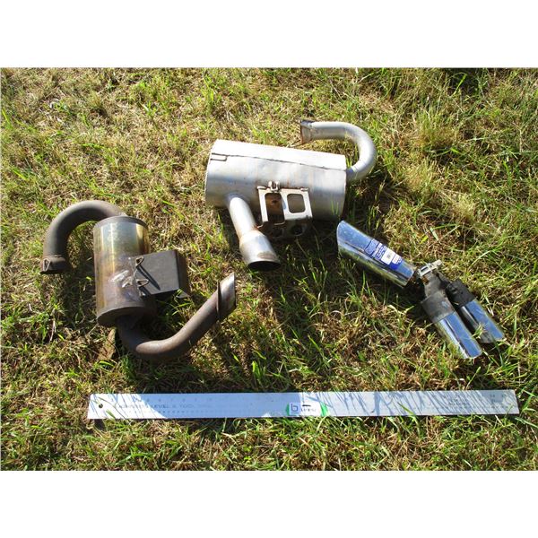 (2) Snowmobile Exhaust Mufflers and (2) Chrome Tips