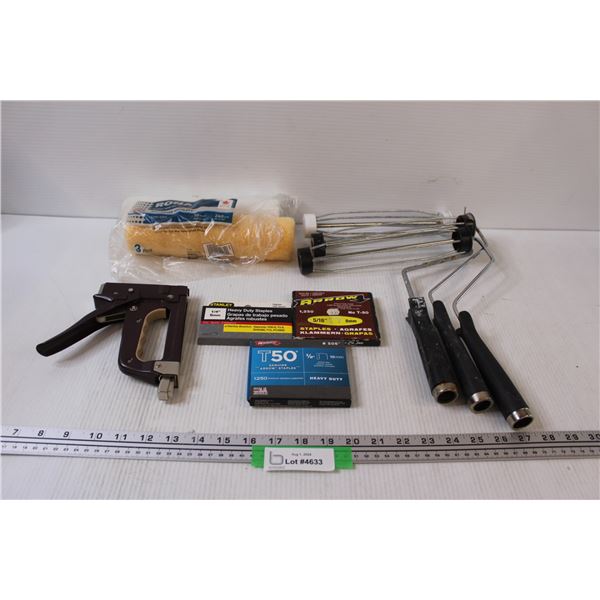 (3) Paint Rollers, (2) Paint Roller Refills, Staple Gun & Assorted Staples