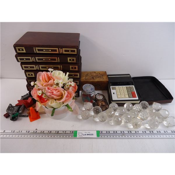 (8) VHS Holders,Calculator,Chandelier Bulbs, Dry Floral Piece, Thermometer and misc.