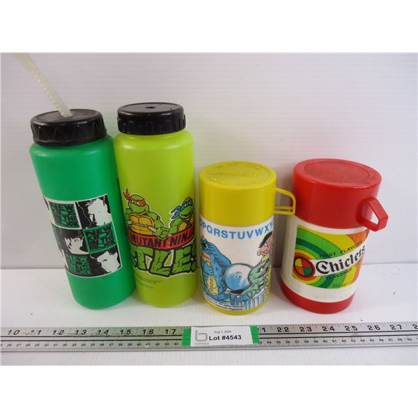 (2) Aladdin Thermos-Sesame Street(some damage) and Chiclet's and (2) Water Bottles as pictured