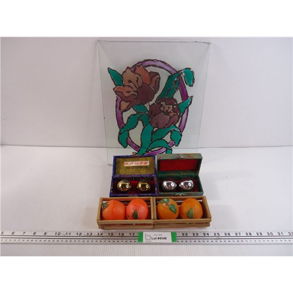 Homemade Stained Glass,(2) Sets of Chinese Health Balls and (2) Sets Salt/Peppers
