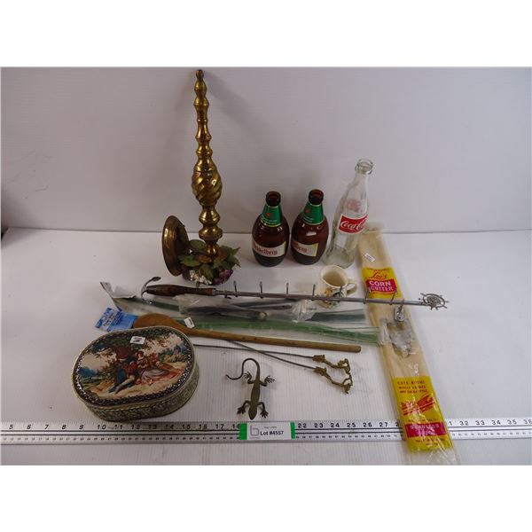 Misc. Items-Corn Cutter ,Coke bottle Heidelberg Bottles, Cloth Wire, Tin and more
