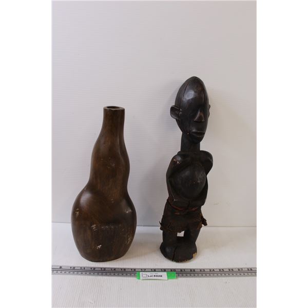 Tiki Craved Figurine - 19" & Wood Vase - 16"
