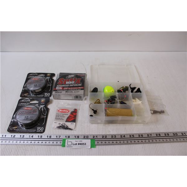 (3) Fishing Lines Packages, Swivels, & Plastic Tackle Container w/Contents, Misc.
