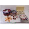 Image 1 : (3) Christmas Glasses, (2) Christmas Tins, Vintage Ornaments, Misc.