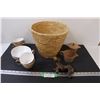 Image 1 : Wicker Basket, (4) Melamine Coffee Cups & Bowls w/Sugar & Creamer Set, Horse Mantle Figurine (Has Le