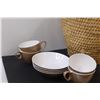 Image 2 : Wicker Basket, (4) Melamine Coffee Cups & Bowls w/Sugar & Creamer Set, Horse Mantle Figurine (Has Le