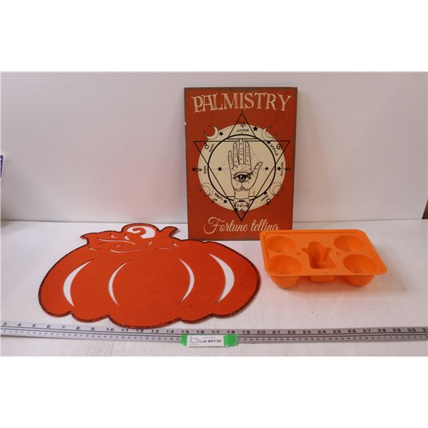 Palmistry Wall Decor Sign - 14" x 9.5", Pumpkin Placemat & Halloween Jello Mould