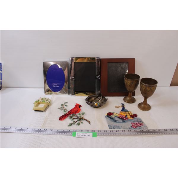 (2) Petit Point Art, (2) Brass Goblets, (4) Picture Frames, Antique Sugar Cube Tray