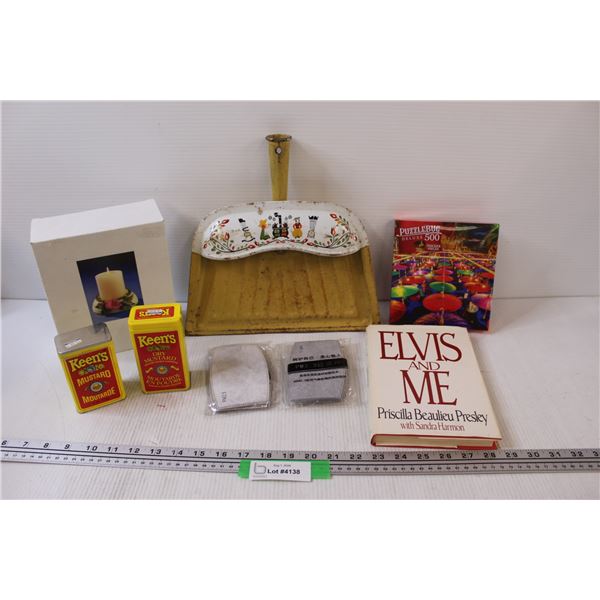 Vintage Dust Pan, Elvis and Me Book, Puzzle, Keens Mustard Tin, Misc.