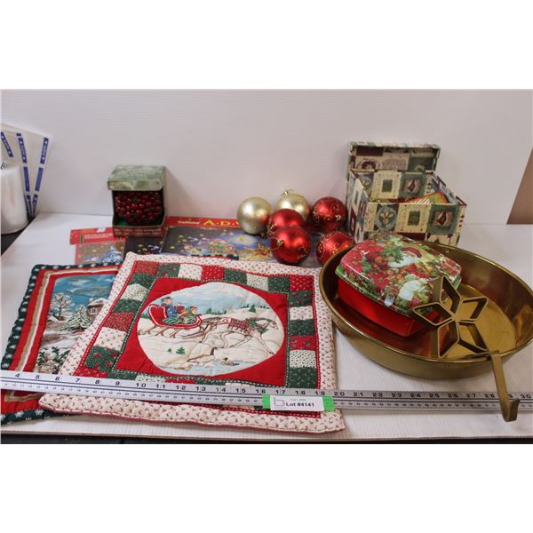Christmas Lot: Placemats, Ornaments, Tins, Stocking Hanger, Misc.