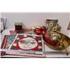 Image 1 : Christmas Lot: Placemats, Ornaments, Tins, Stocking Hanger, Misc.