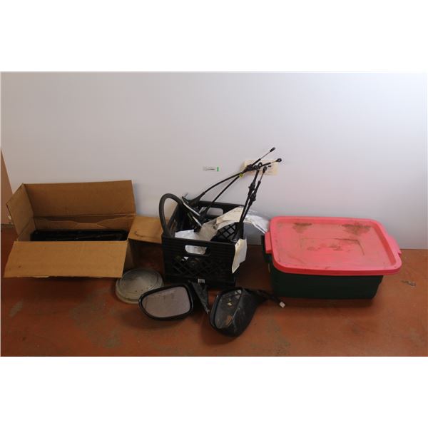 *Tote w/Lid - Milk Crate - Cables - (2) Mirrors - Engine Parts - Unknown Valve Covers