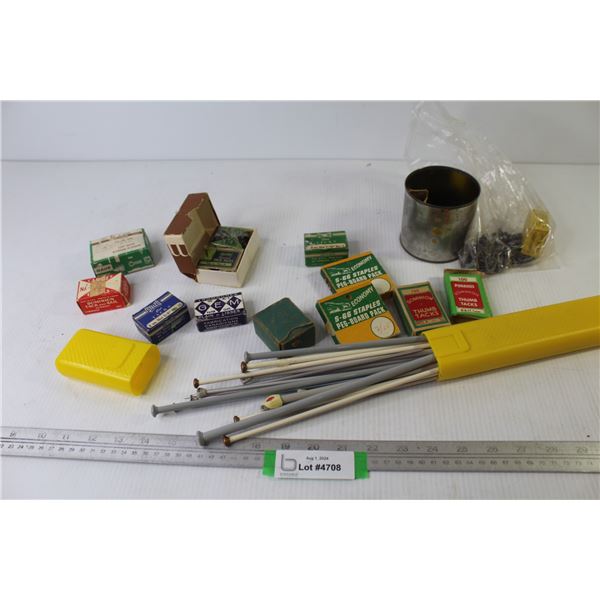 Knitting Needles in Case - Assortment of Shoe Tacks - Staples - Thumb Tacks