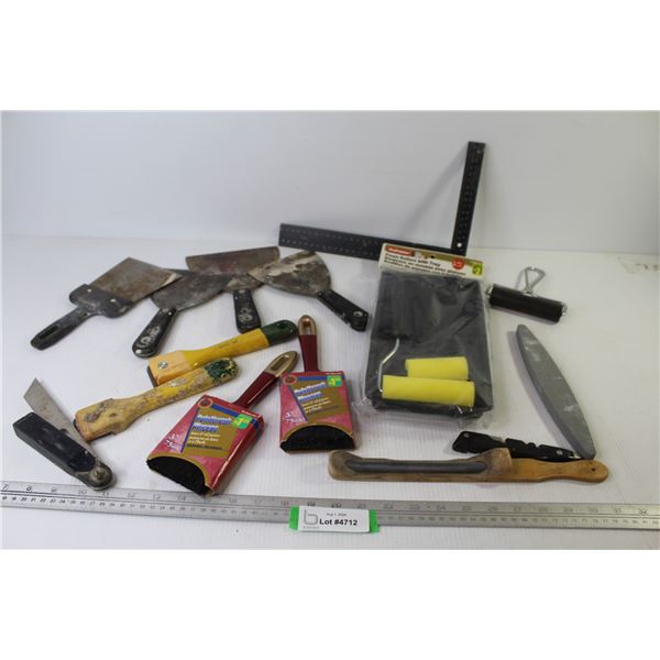 (4) 12" Square - (4) Drywall Mud Knives - Paint Brushes - Varathane Sponge Rollers in Tray - Honing 
