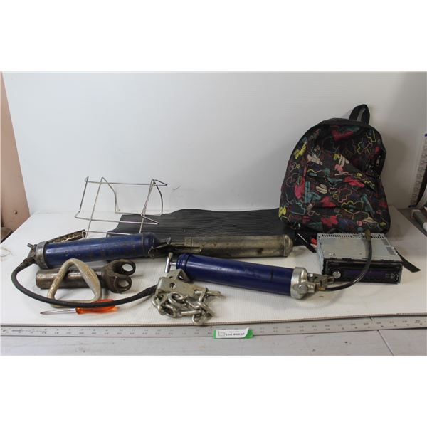 (3) Grease Lever - (2) are Lincoln, Kids Backpack, Car Stereo, Assorted Automotive Hardware