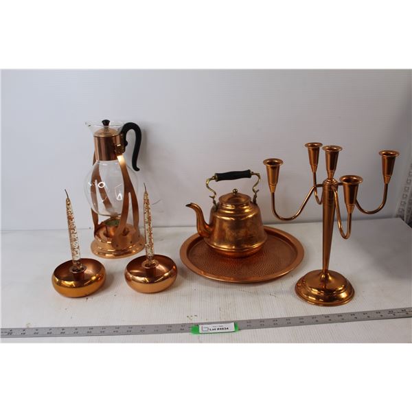 Copper - (2) Small Candle Holders, 5-Piece Candle Holder, Teapot, Tray, Coffee Candle Heater