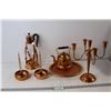 Image 1 : Copper - (2) Small Candle Holders, 5-Piece Candle Holder, Teapot, Tray, Coffee Candle Heater