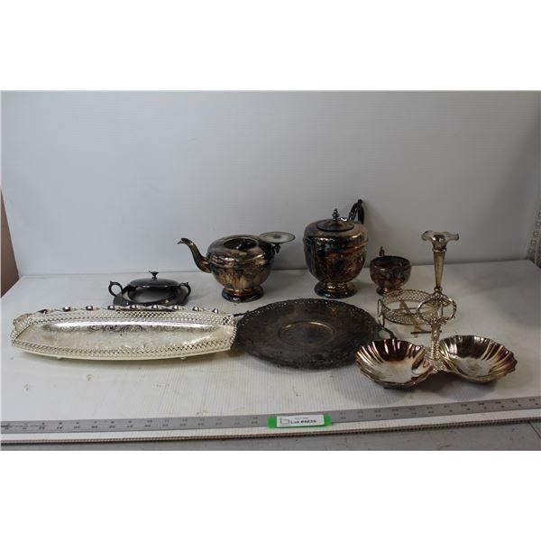 Silver Plated - Kettles - Some Damage, (3) Trays, Teacup, Assorted Silverware