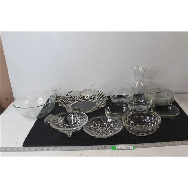 Clear Glass - (6) Bowls, (7) Small Plates, Cup, (3) Trays, Lid