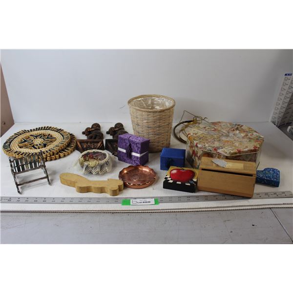 Assorted Wooden Items, Collector Tin, (2) Wall Decor, Hot Pads