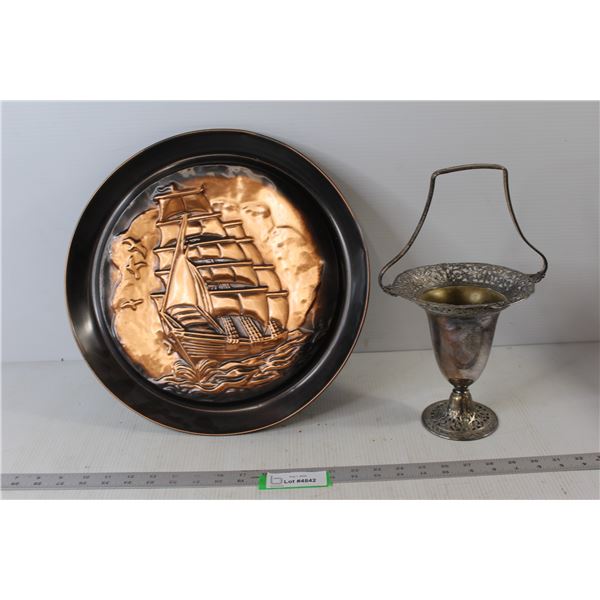 Copper Tray With Ship Design, Silver Chalice