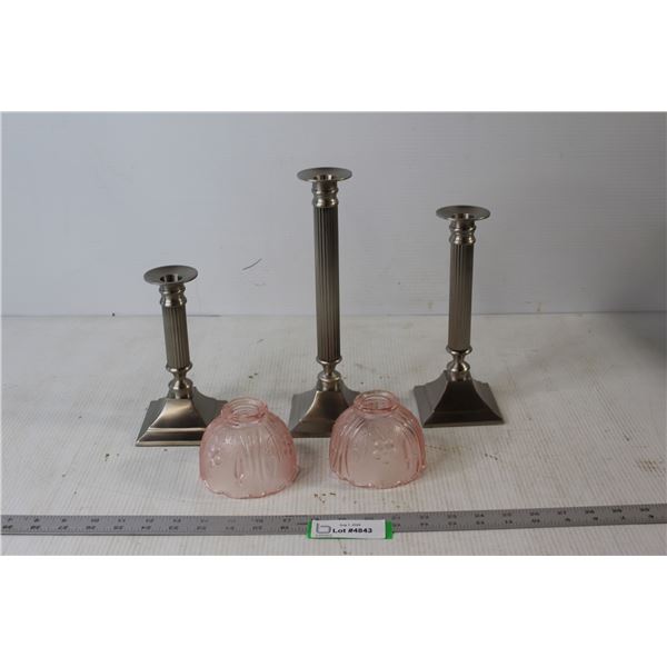 (3) Candlesticks, (2) Pink Glass Lampshades