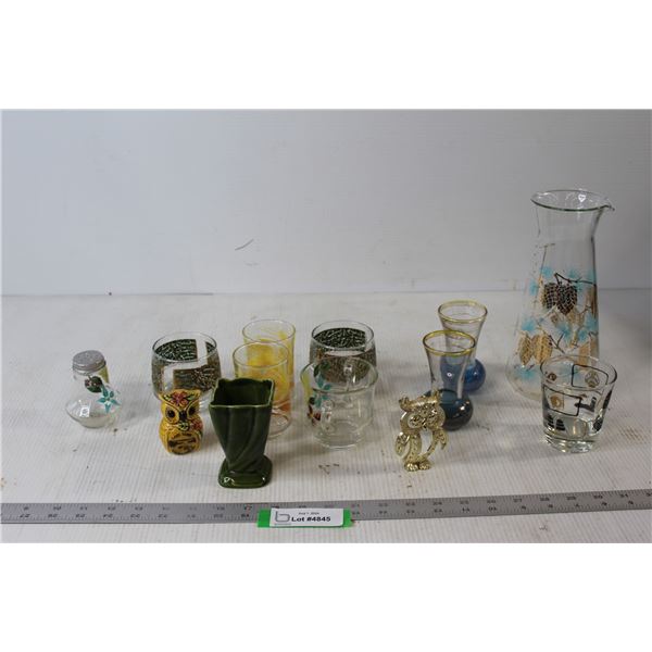 Assorted Coloured Glass Glasses, Glass Vase, Misc.